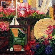 Кафе в цветах над городским каналом