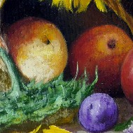 Подсолнухи и фрукты на столе