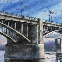 Мост и белый теплоход, вид с набережной Новосибирска