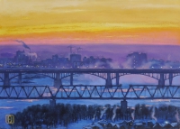 Новосибирские мосты под алеющим небом