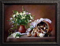 Натюрморт "Полевые цветы и корзина с грибами"