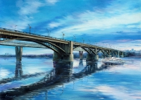 Белый теплоход под мостом. Новосибирск